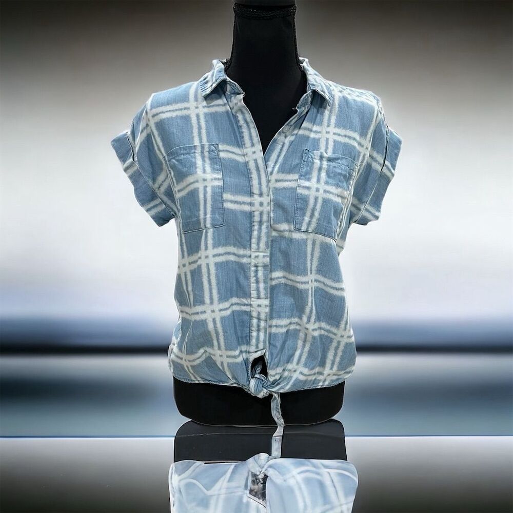 Wonder Nation‎ Juniors XL Blue Checked Tie-Front Short Sleeve Blouse Denim Look